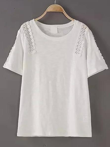 Shein White Crew Neck Lace Loose T-shirt