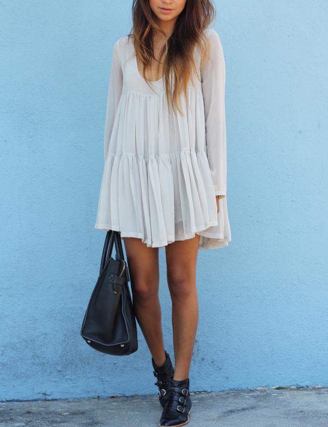 Shein White V Neck Long Sleeve Pleated Dress