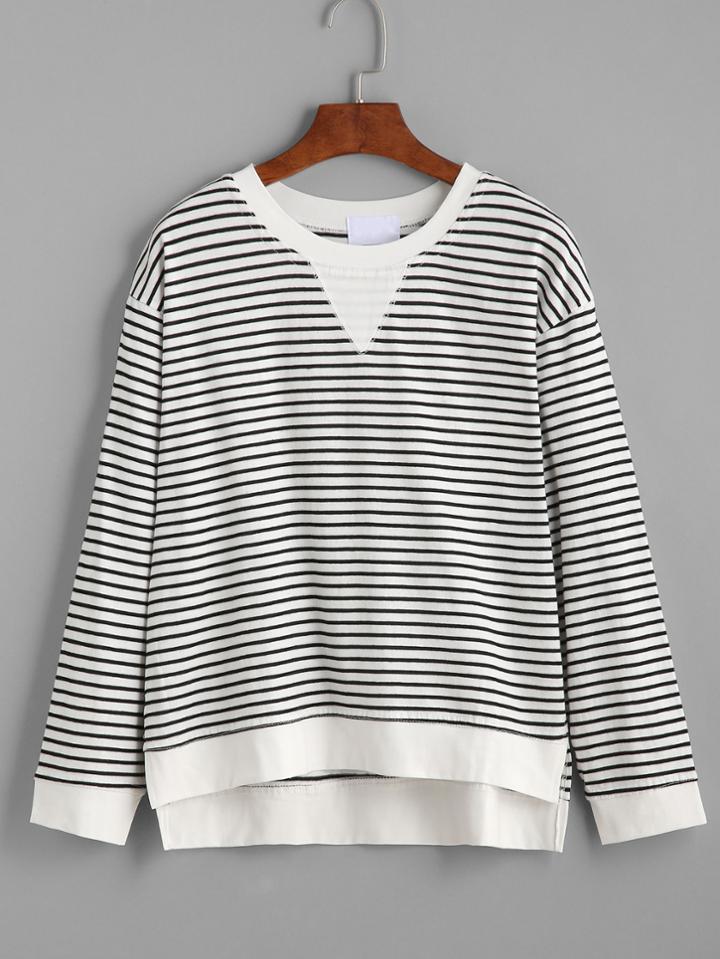 Shein Contrast Striped Slit Side Dip Hem T-shirt