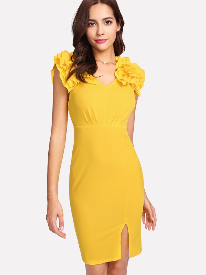Shein Layered Ruffle Shoulder V Back Split Dress