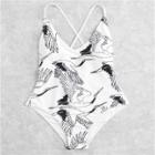 Shein Plus Criss Cross Crane Print Swimsuit
