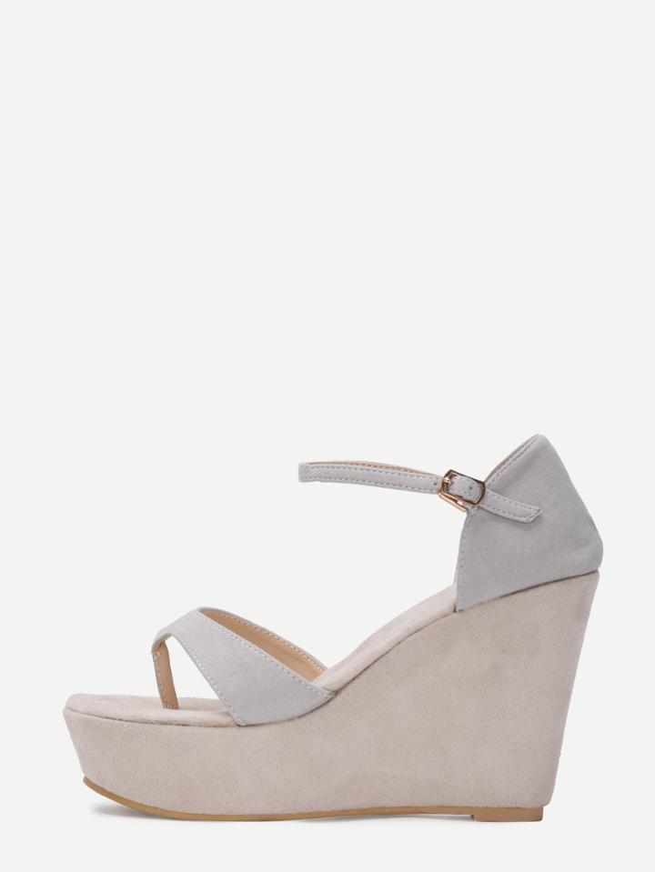 Shein Grey Faux Suede Ankle Strap Wedge Sandals