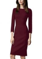 Rosewe Deep Red Three Quarter Sleeve Pure Color Dress