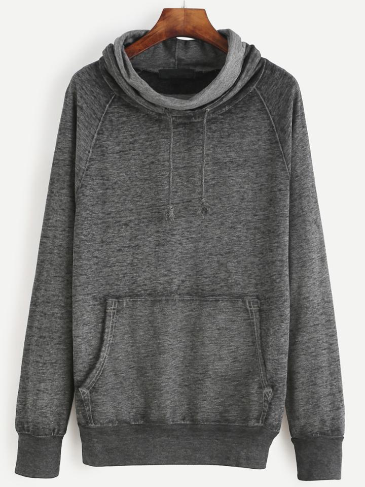 Shein Grey Drawstring Cowl Neck Sweatshirt With Pocket
