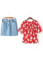 Shein Boat Neckline Tie Detail Top With Denim Skirt
