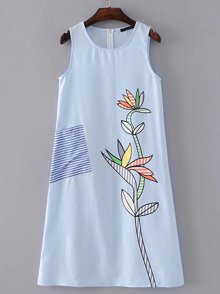 Shein Flower Print Pinstripe Zipper Back Dress