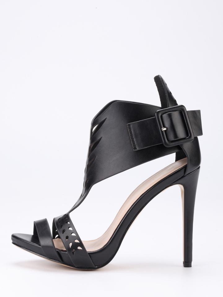 Shein Black Laser Cut T-strap Ankle Cuff Sandals