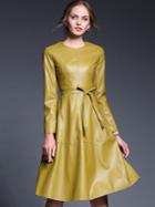 Shein Dark Yellow Round Neck Long Sleeve Tie-waist Leather Dress