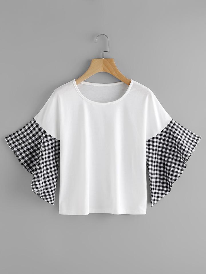 Shein Contrast Gingham Fluted Sleeve Tee