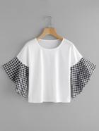 Shein Contrast Gingham Fluted Sleeve Tee