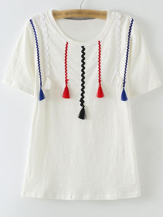 Shein White Short Sleeve Ribbon Tassels T-shirt