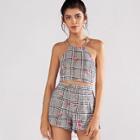 Shein Criss Cross Back Checked Top With Shorts