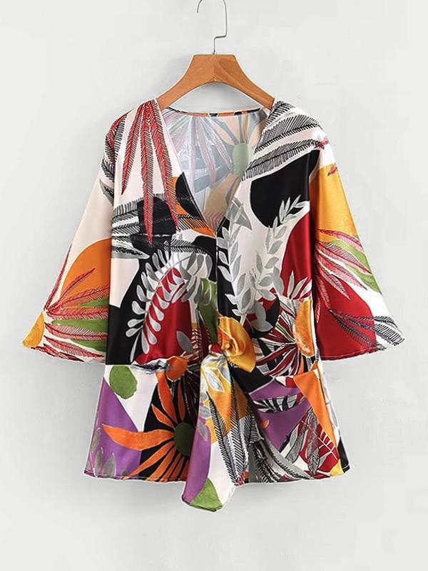 Shein Foliage Print Twist Front Blouse