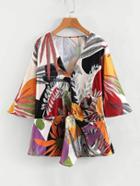 Shein Foliage Print Twist Front Blouse