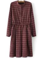 Shein Red Stand Collar Plaid Buttons Dress