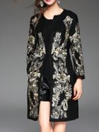 Shein Black Crew Neck Embroidered Tie-waist Coat