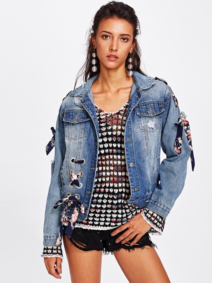 Shein Grommet Lace Up Distressed Denim Jacket