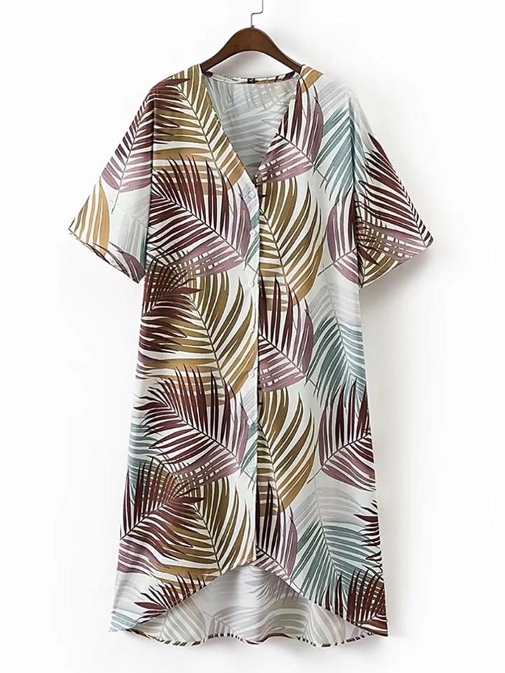 Shein Leaves Print High Low Shirt Dress