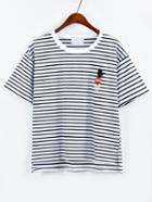Shein Cactus Embroidered Striped High-low T-shirt - Black