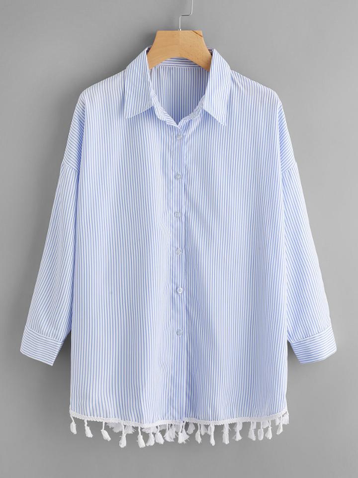 Shein Contrast Tassel Hem Drop Shoulder Striped Shirt