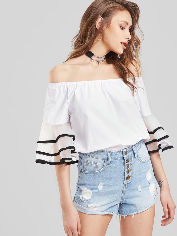 Shein Contrast Trim Tiered Flute Sleeve Bardot Top