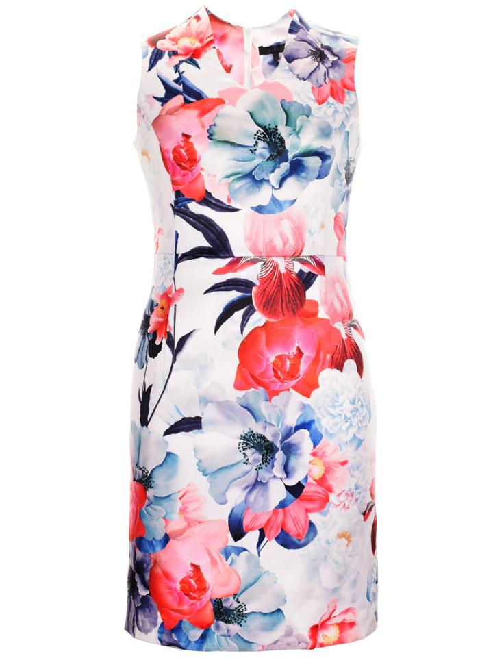 Shein White V Neck Flowers Ink Sheath Dress