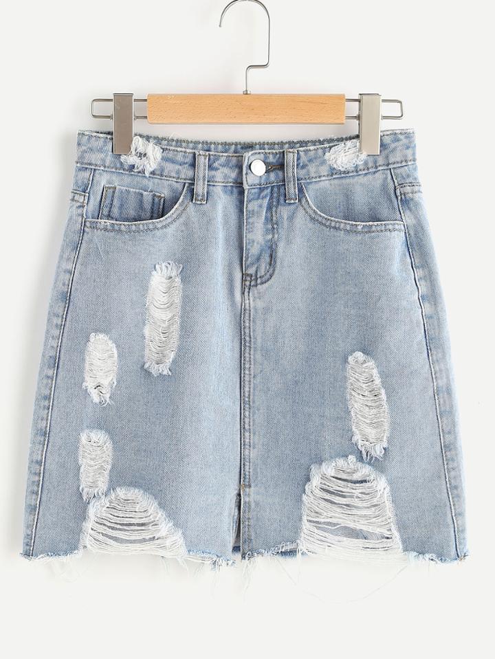 Shein Bleach Wash Vented Front Distressed Denim Skirt