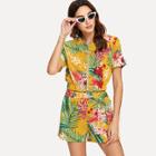 Shein Floral Print Zip Up Front Top With Shorts