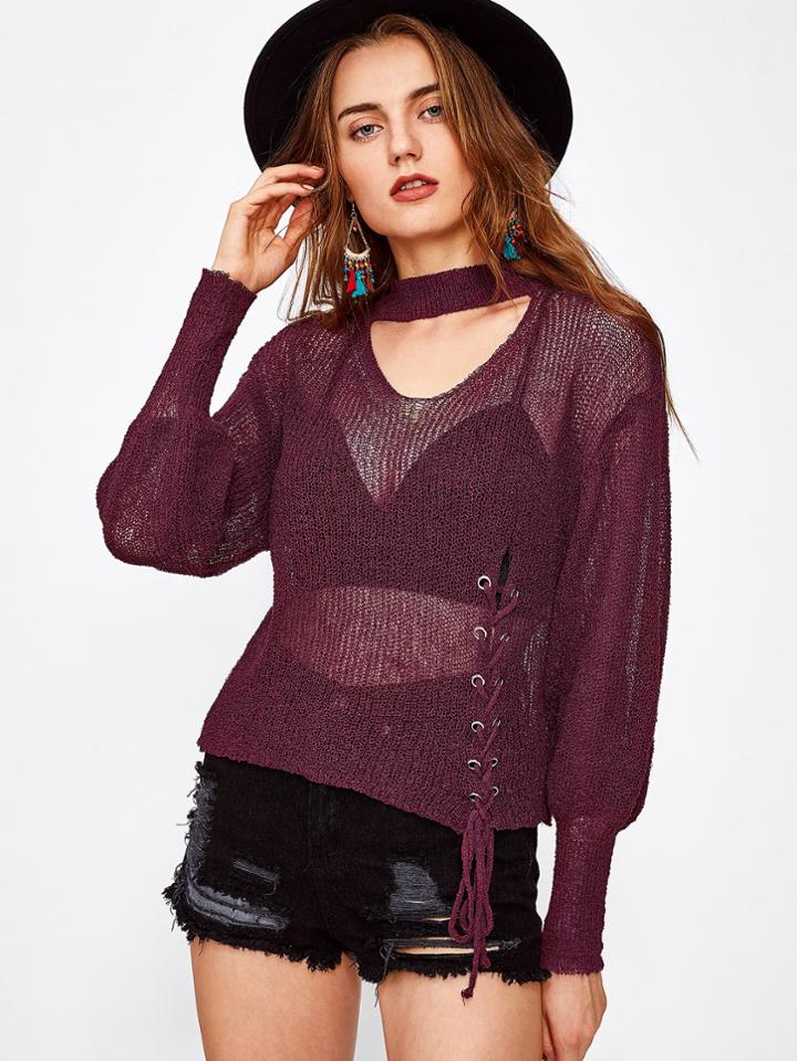 Shein Cut Out Choker Neck Lace Up Crochet Top
