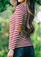 Rosewe White And Dark Red Striped T Shirt