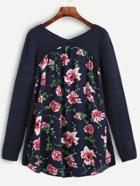 Shein Navy Flower Print Mixed Media Sweater