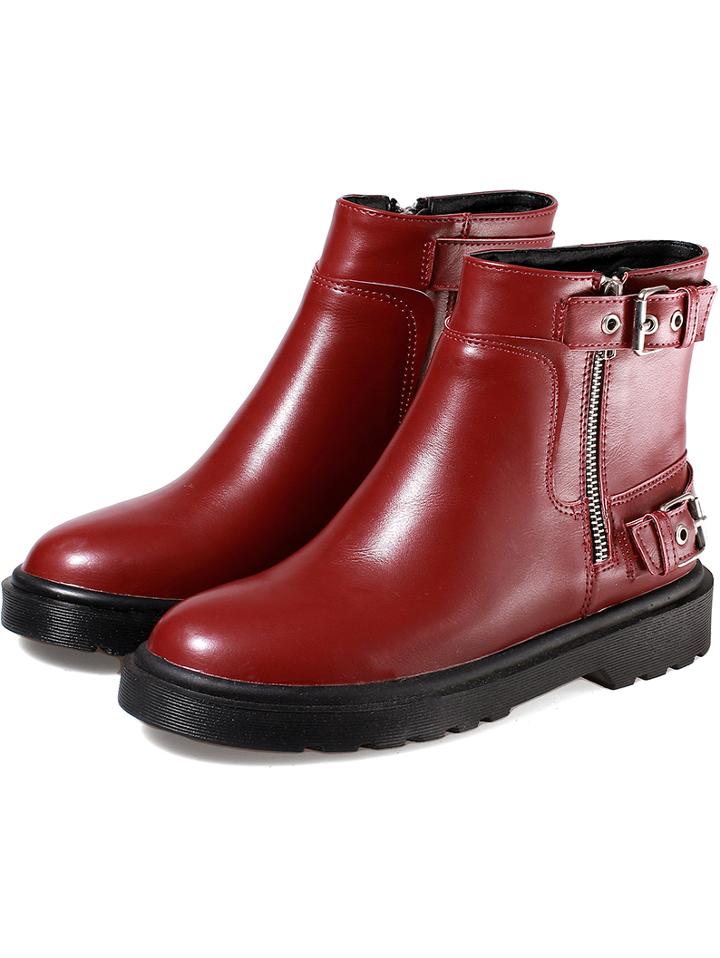 Shein Red Round Toe Buckle Side Zipper Short Boots