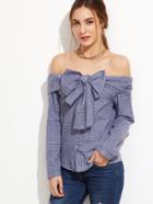 Shein Blue Plaid Off The Shoulder Bow Tie Top