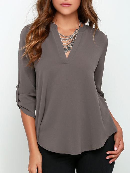 Shein Grey V Neck Dip Hem Blouse