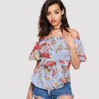 Shein Tie Waist Floral & Striped Bardot Top