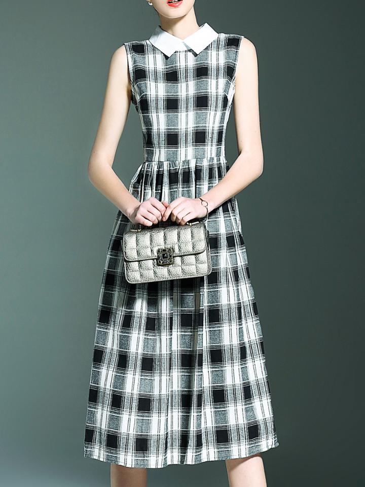 Shein Black Lapel Plaid A-line Dress