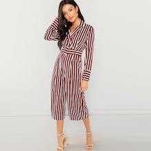 Shein Notch Collar Slant Pocket Surplice Wrap Striped Jumpsuit