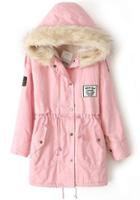 SheIn Pink Fur Hooded Zipper Embellished Fleece Inside Military Coat