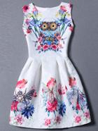 Shein Multicolor Sleeveless Owl Print Flare Dress