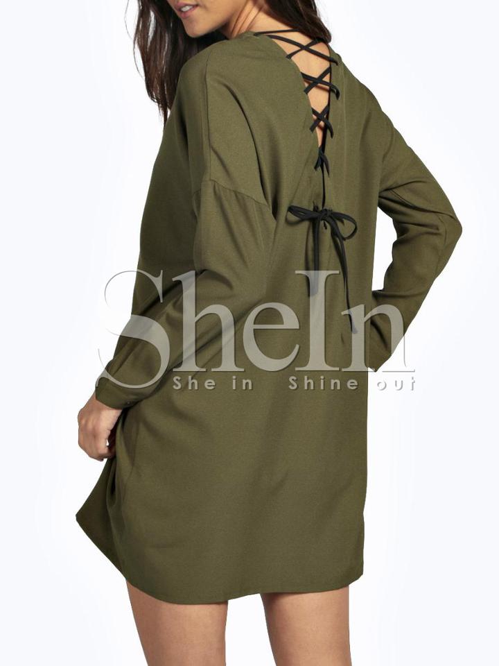 Shein Army Green Lace Up Back Shirt Dress