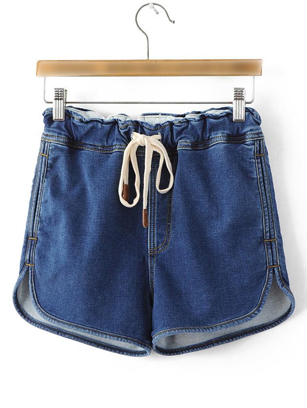 Shein Dark Blue Drawstring Waist Pocket Denim Shorts