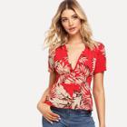 Shein Palm Leaf Print Button Front Fitted Top