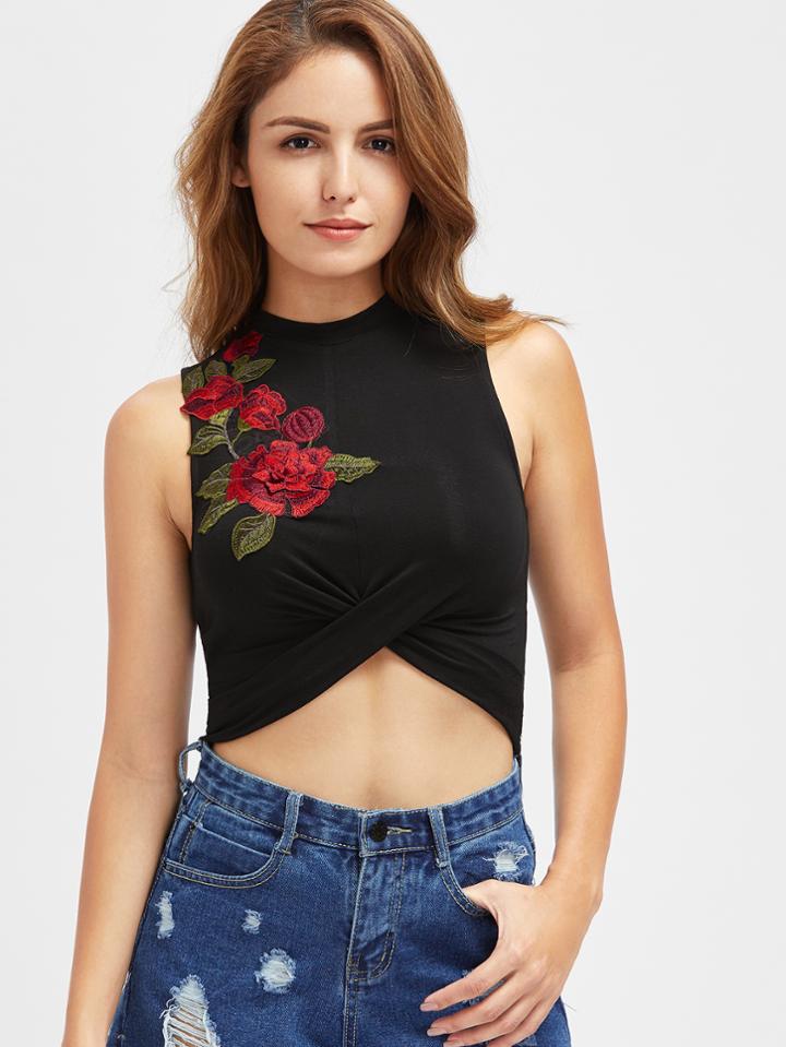 Shein 3d Rose Applique Twist Front Crop Tank Top