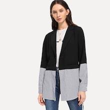 Shein Tie Waist Mixed Media Striped Blazer