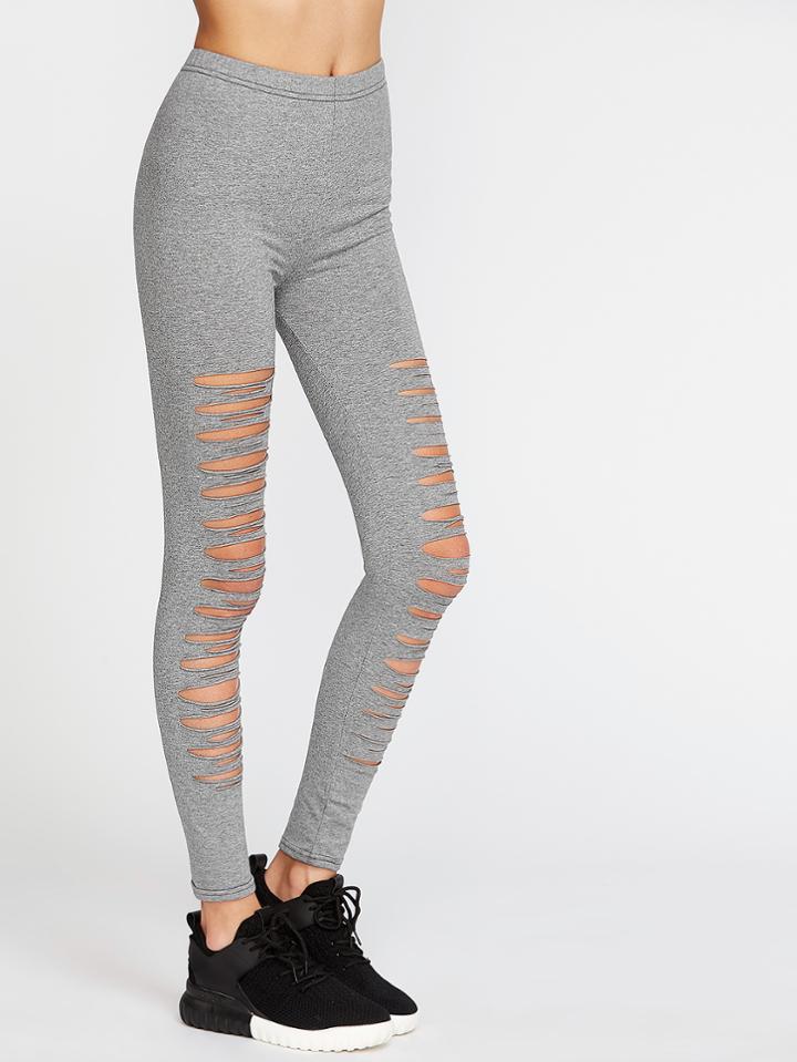 Shein Heather Grey Ladder Ripped Leggings