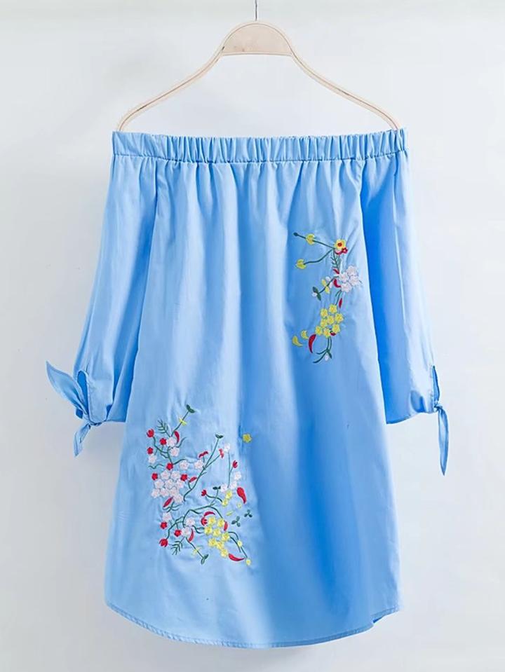 Shein Boat Neckline Knot Cuff Embroidered Dress