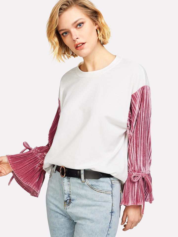 Shein Contrast Ruffle Velvet Sleeve Pullover