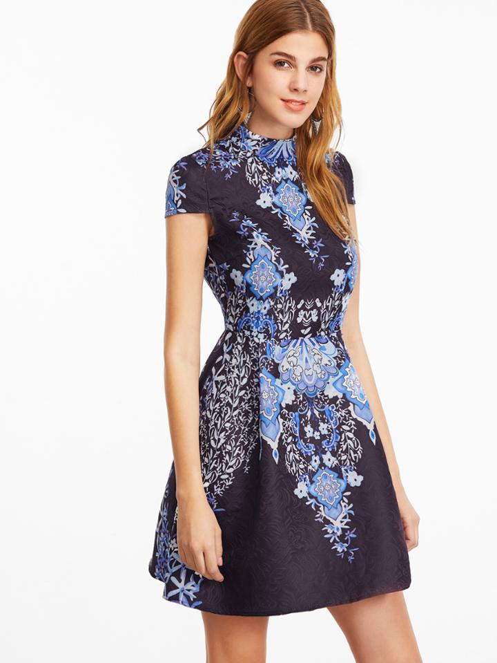 Shein Floral Print Cap Sleeve Structured Jacquard Dress