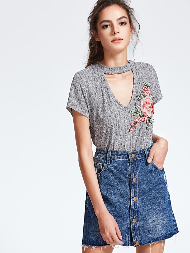 Shein Heather Grey Cutout V Neck Rose Patch T-shirt