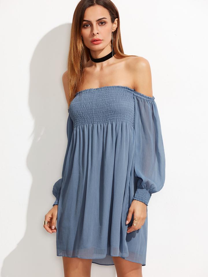 Shein Blue Bishop Sleeve Smocked Off The Shoulder Dress